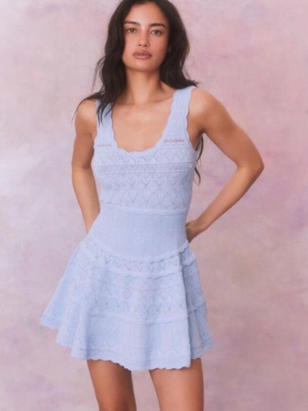 LoveShackFancy Ronelle Pointelle Scallop Mini Dress Morning Tide Blue size S